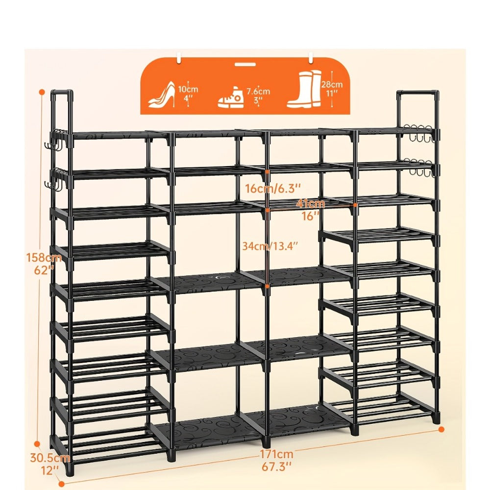 Large Metal Shoe Rack 4-Row 9-Tier Freestanding Shoe Organizer for Entryway Bedroom Hallway | 64-Pair Capacity Shoe Tower with Golden Tubes DIY Adjustable Shelves Space-Saving Vertical Shoe Storage