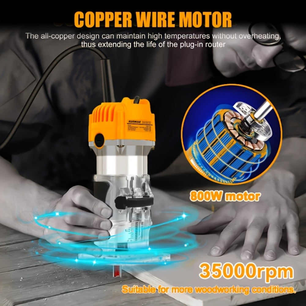 Wood Router 800W 35000 RPM Compact Electric Router Tool | 15-Piece 1/4¡± Bit Set for DIY Woodworking, Edge Trimming, Slotting, Carving & Contour Processing ¨C Variable Speed Rotary Tool