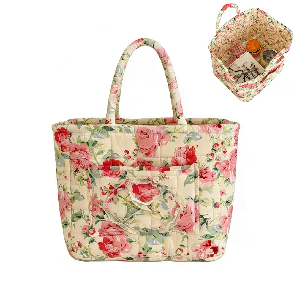 Floral Storage Basket Large Capacity Quilted Vintage Flower Pattern Portable Home Organizer Basket for Shelf Bedroom Closet Living Room Pink Peony Red Marigold Boho Decor