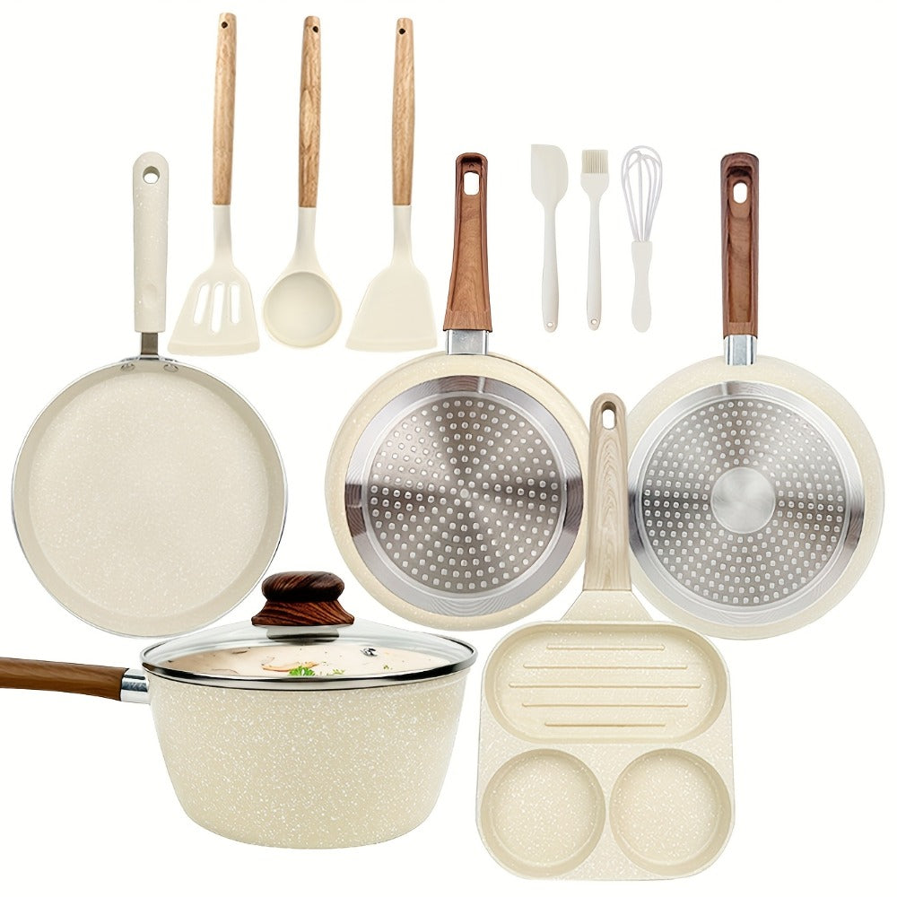 Non-Stick Cookware Set 7 12 & 15 Piece Induction Compatible ¨C Frying Pan Steamer Silicone Spatula & Tongs | Complete Pots and Pans Cooking Set | Perfect Wedding Housewarming Gift for Friends