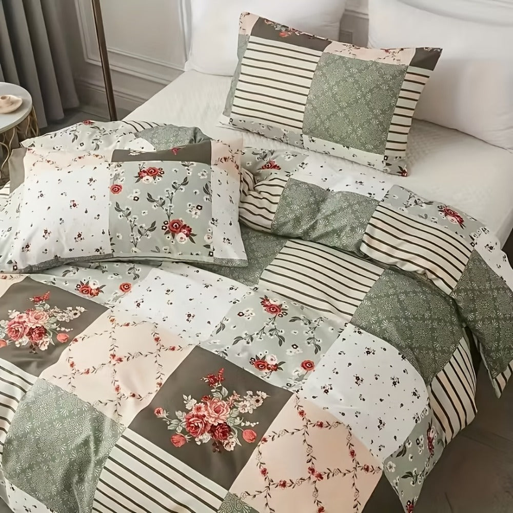 Floral Duvet Cover Set 3 Piece - Zipper Closure Patchwork Comforter Cover with 2 Pillowcases, All-Season Lightweight Kids Bedding Set, Pastoral Flower Plaid Print, Twin Full Queen King