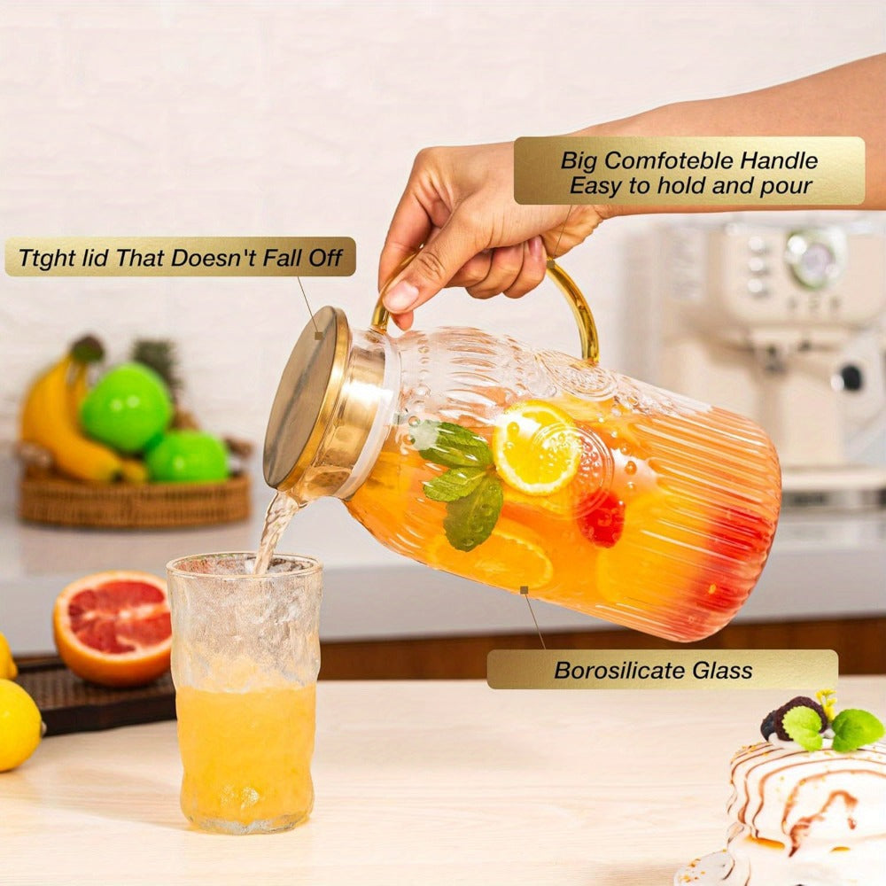 Glass Pitcher with Lid 68oz 2 Liter Heat Resistant Borosilicate Glass Water Carafe Vintage Design for Cold Brew Coffee Lemonade Iced Tea Juice Parties Picnics Camping Office Kitchen