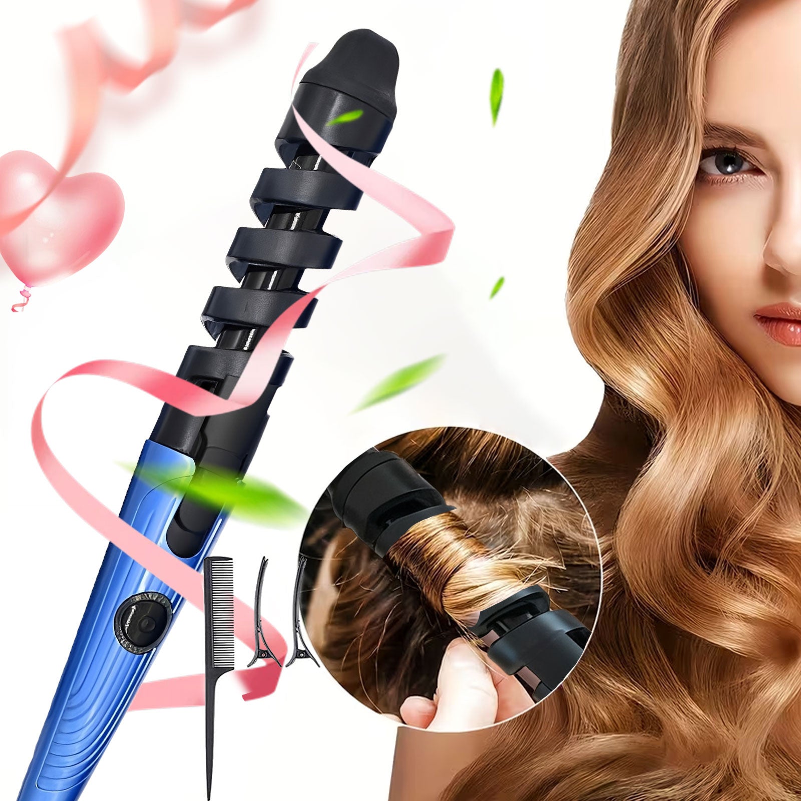 Automatic Spiral Curling Iron 360¡ã Electric Hair Curler - Auto Rotating Curl Wand, Lightweight & Portable, Easy to Use, Includes 2 Clips & 1 Comb, Gift for Women, Pink, Purple, Blue