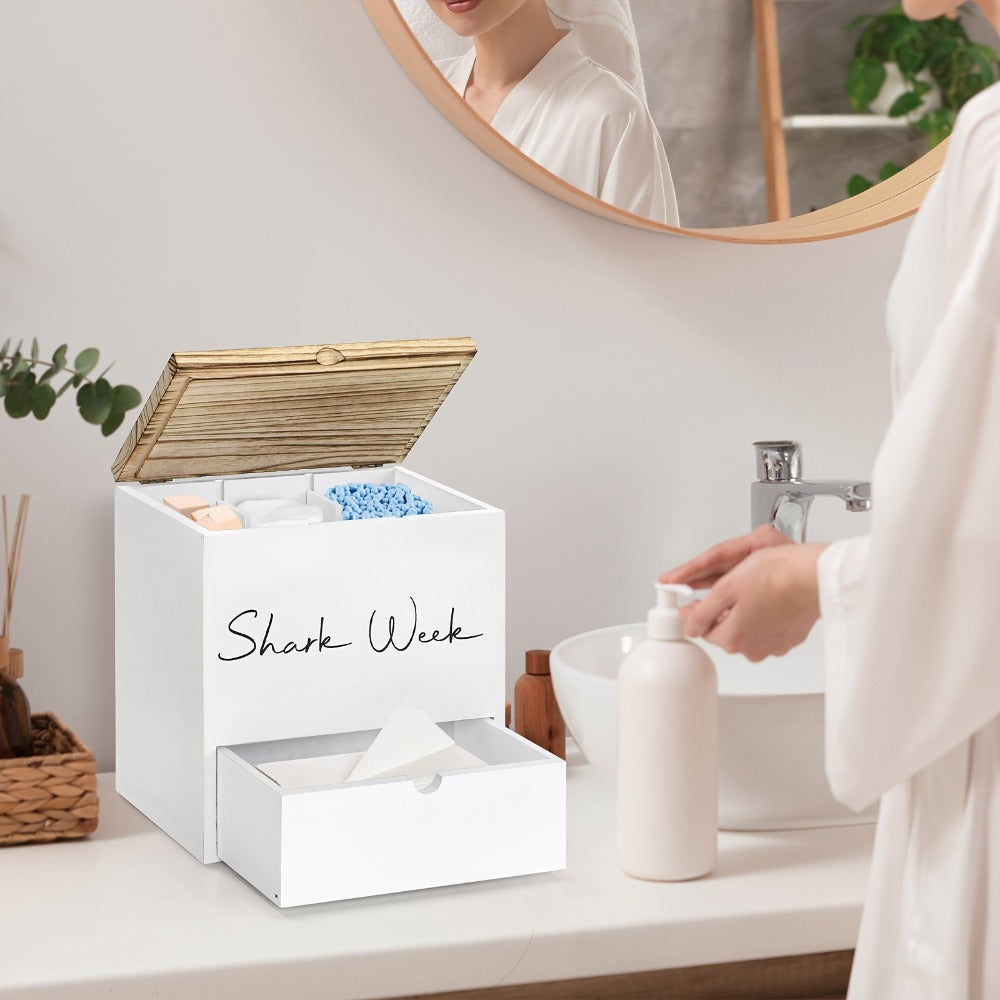 Tampon & Pad Organizer Box with Lid - Wooden Bathroom Storage Bin with Drawer, 3-Compartment Feminine Products Caddy, Farmhouse Bathroom Decor