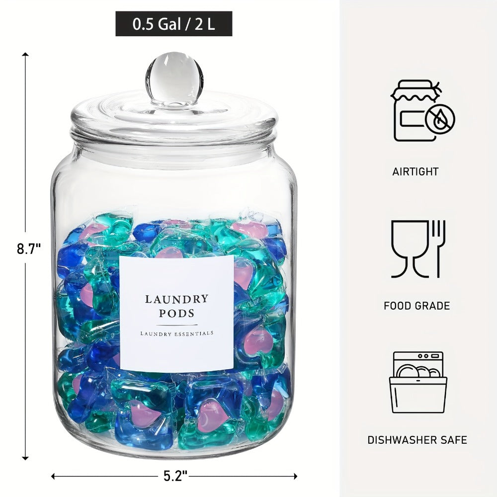 Airtight Glass Jars with Lids Labels and Spoons Half Gallon Storage Canisters for Laundry Detergent Pods Scent Booster Beads Kitchen Pantry Organization Food Safe Wide Mouth 1 2 3 4 Pack