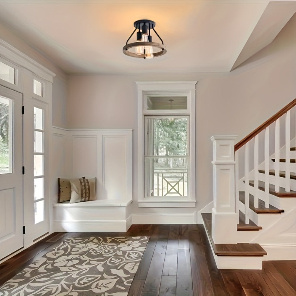 Farmhouse Semi Flush Ceiling Light 3-Bulb Wood & Metal - Rustic Industrial Ceiling Lamp for Kitchen Bedroom Dining Room Hallway Entryway Laundry Room (Bulb Not Included)