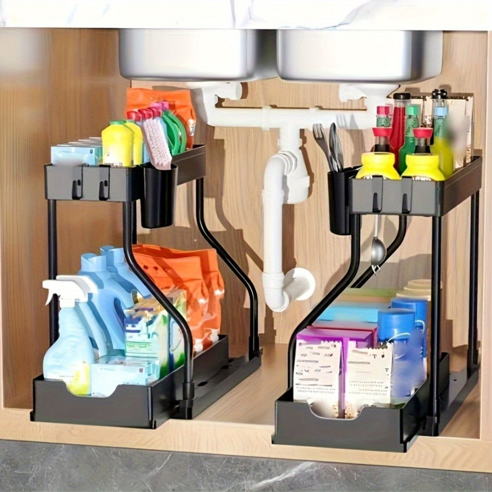 Under Sink Organizer 2-Tier Sliding Cabinet Basket with Hooks ¨C Adjustable Bathroom Kitchen Shelf Storage Rack for Cabinets