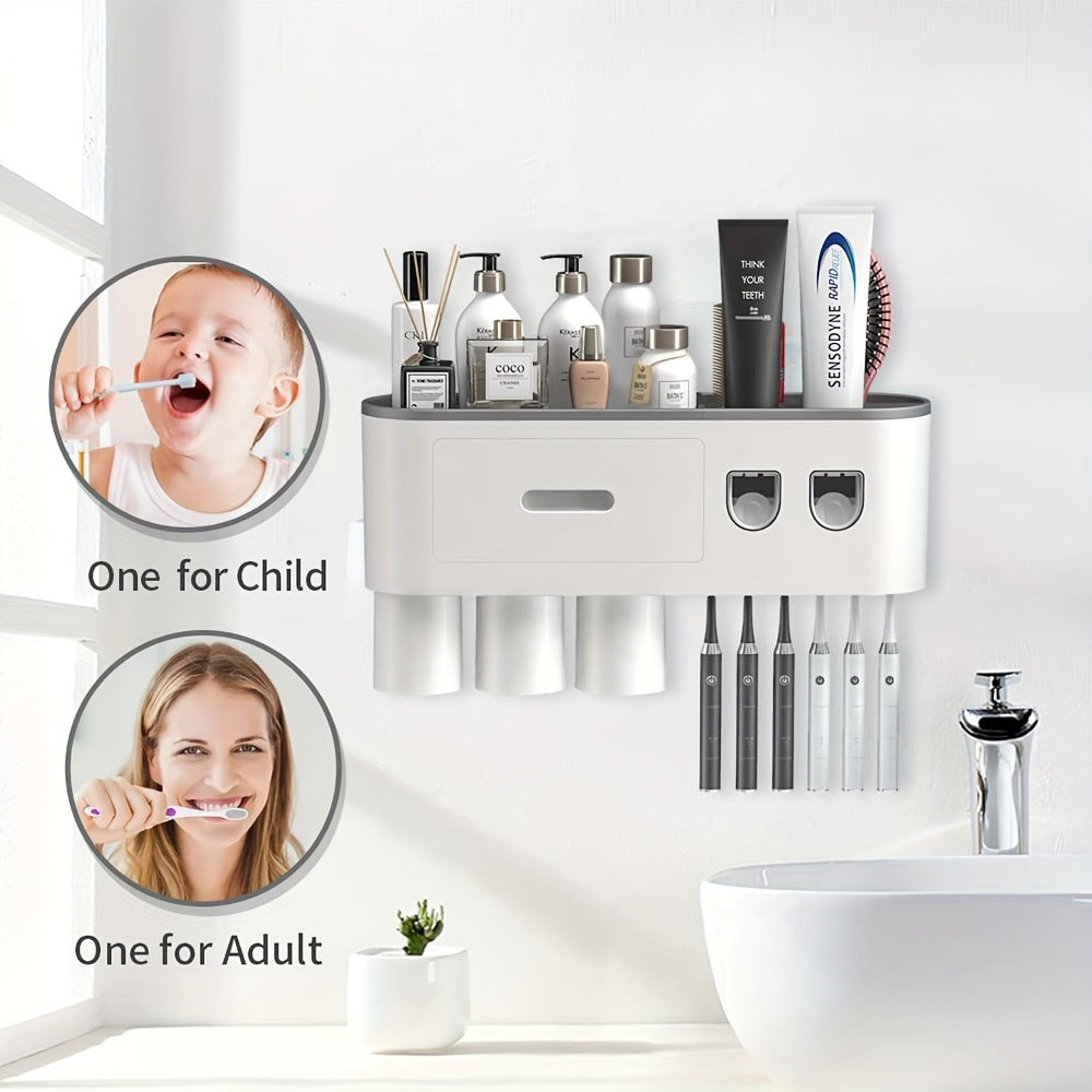 Wall Mounted Toothbrush Holder with Automatic Toothpaste Dispenser - 3 Cups Bathroom Organizer, Space-Saving Toothbrush Cup Holder for Family, Black & Gray