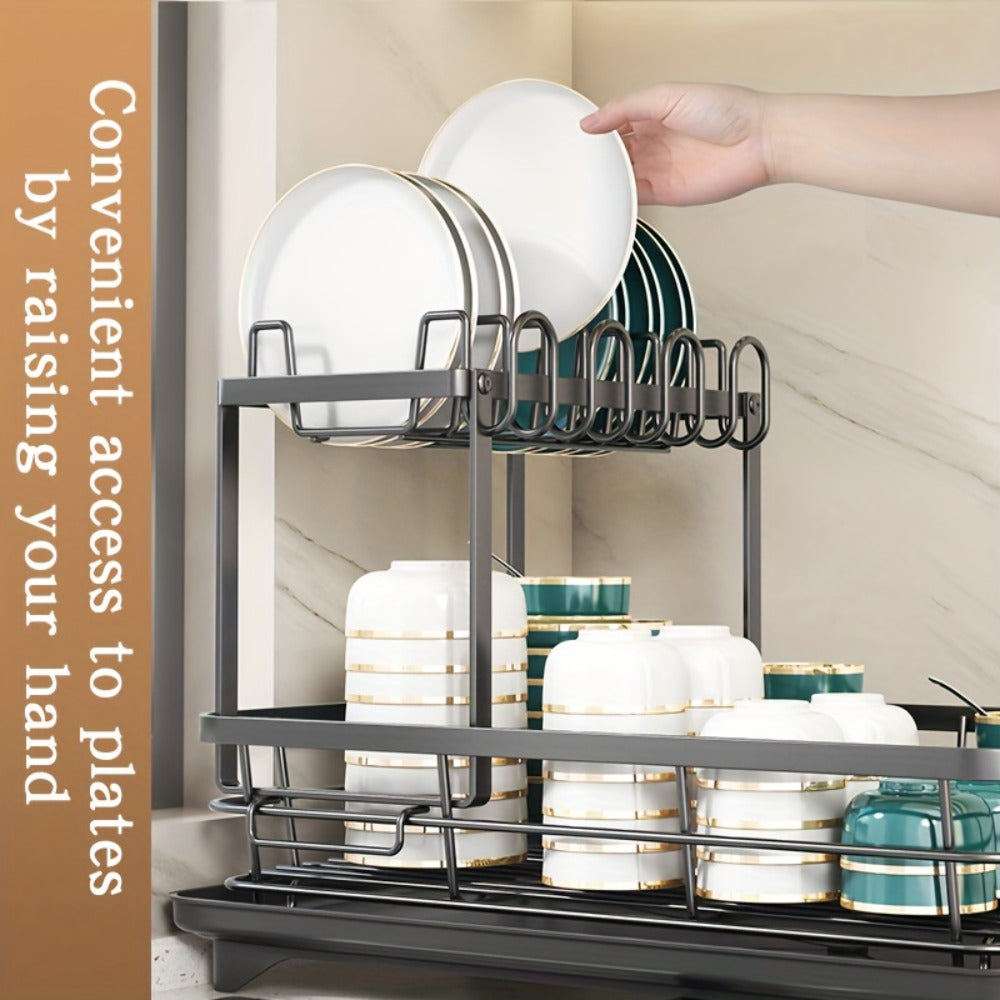 2-Tier Metal Dish Drying Rack with Cutlery Holder Cup Holder & Rust-Proof Drip Tray ¨C Space Saving Countertop Kitchen Organizer