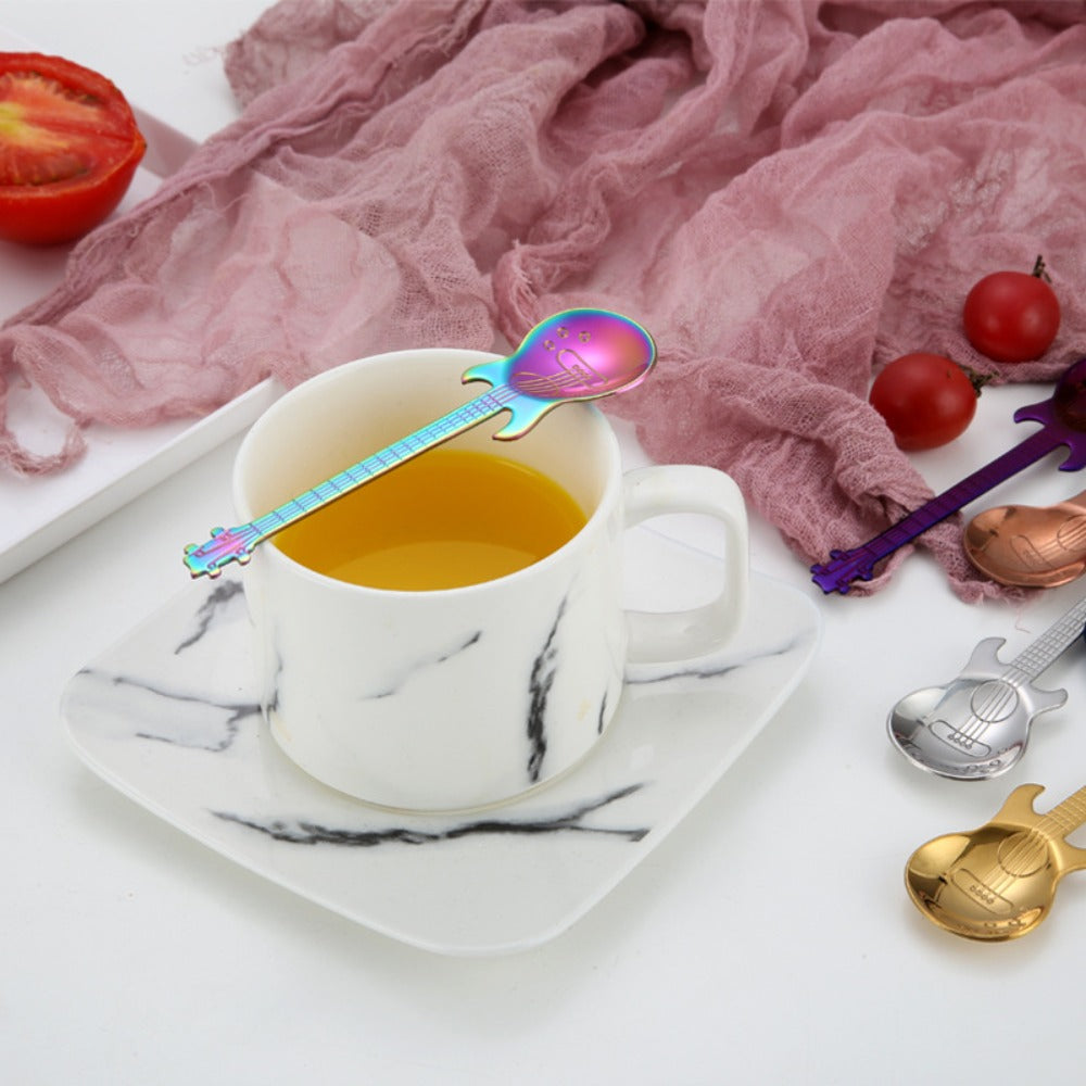 Guitar Shaped Spoons Set of 6 304 Stainless Steel Creative Teaspoons for Coffee Milk Tea Ice Cream Dessert - Colorful Novelty Cutlery Gift Set 7 Random Colors