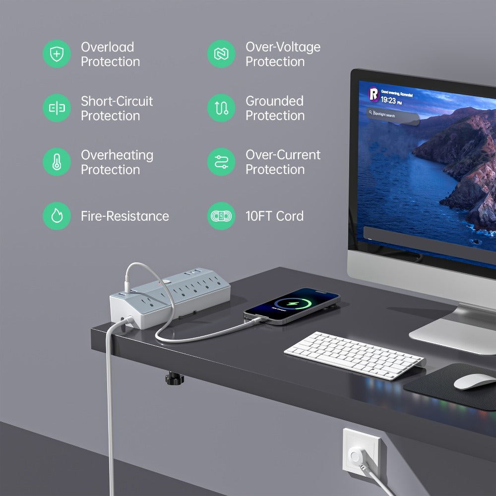 Desk Clamp Power Strip 12-in-1 Surge Protector with 6 Outlets 4 USB-A 2 USB-C PD 20W 40W Fast Charging Desktop Mount Flat Plug for Home Office Tabletop