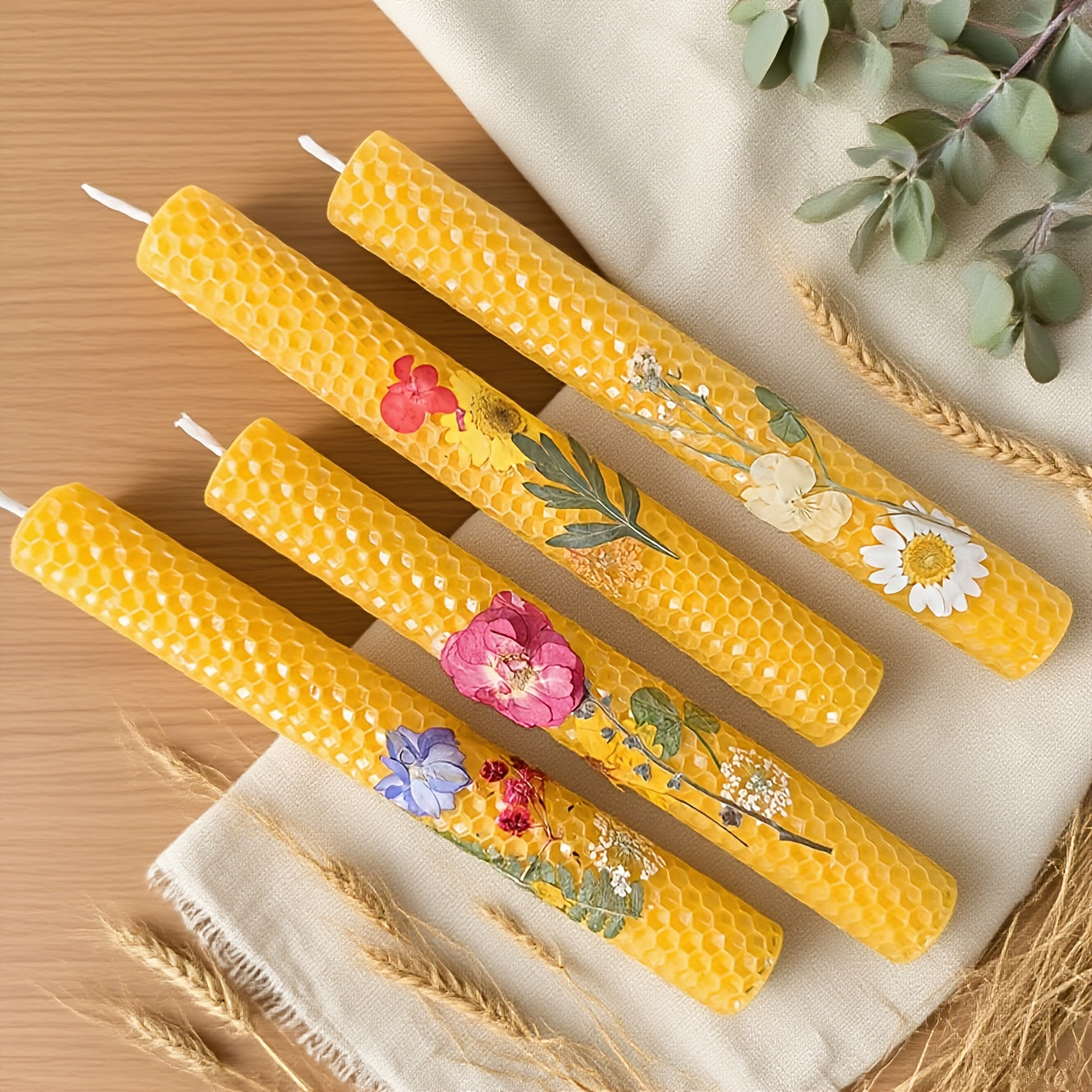 Floral Cone Candle Holders Set of 4 ¨C 10-Inch Decorative Beeswax Taper Candles for Holiday Parties, Valentine's Day & Mother's Day Gifting