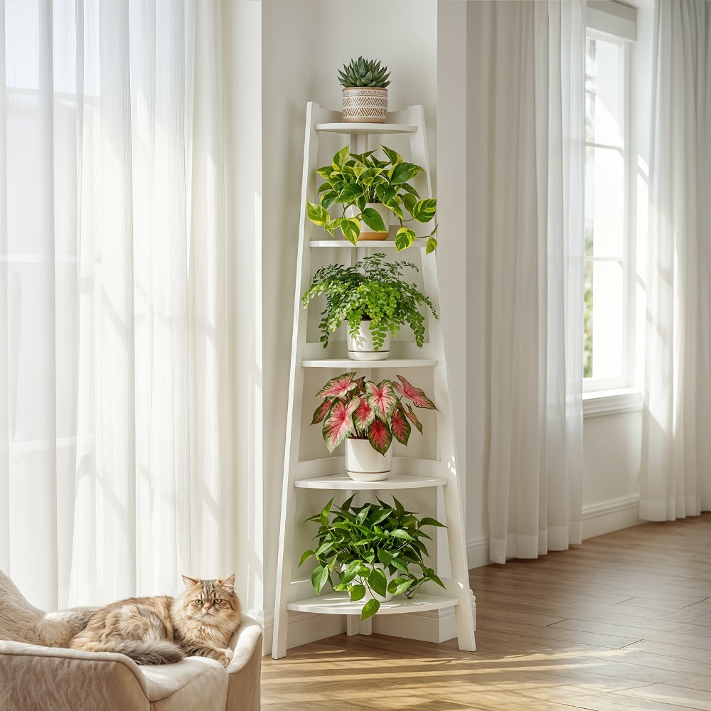 Corner Shelf 5-Tier Scandinavian Storage Cabinet ¨C Space-Saving Vertical Organizer with Baskets, Shelves & Drawer, Modern Plastic Corner Rack for Home, Study, Balcony & Bathroom (White)