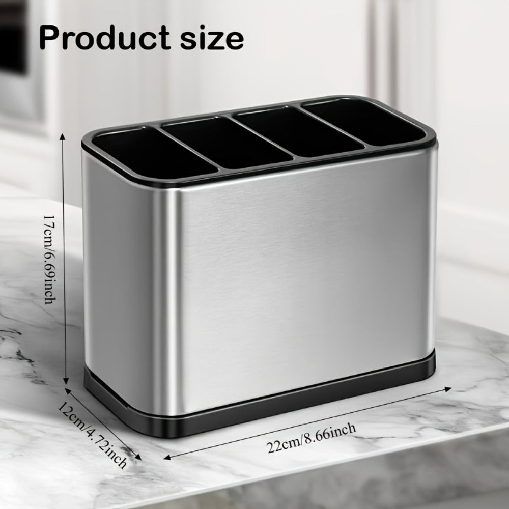 Utensil Holder Stainless Steel Cutlery Organizer 4-Compartment Countertop Caddy Anti-Slip Drain Holes for Kitchen Forks Knives Spoons Chopsticks