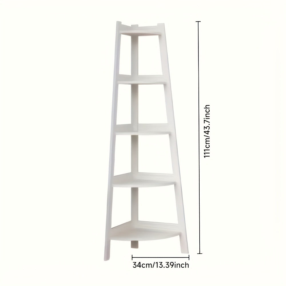 Corner Shelf 5-Tier Scandinavian Storage Cabinet ¨C Space-Saving Vertical Organizer with Baskets, Shelves & Drawer, Modern Plastic Corner Rack for Home, Study, Balcony & Bathroom (White)