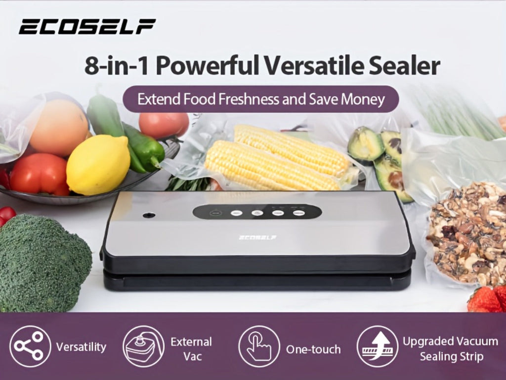 Vacuum Sealer Machine 8-in-1 ¨C 65Kpa Food Sealer with Cutter, Accessory Hose, 10 Bags Included, Stainless Steel, External Vacuum Port for Food Storage, Sous Vide & Meal Prep