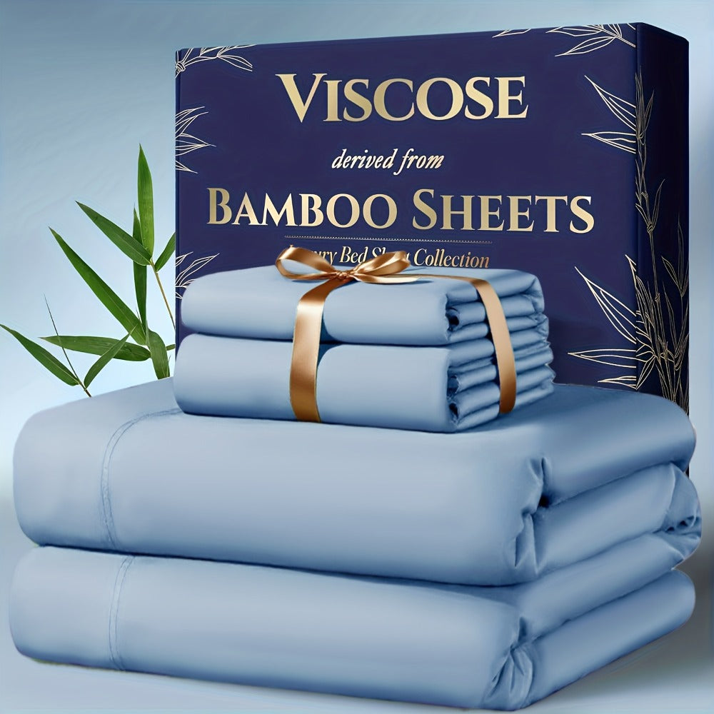 Bamboo Cooling Bedding Set 4pcs - Deep Pocket Fitted Sheet, Flat Sheet & Pillowcases for Hot Sleepers, Breathable Soft Viscose Sheets Twin Full Queen King