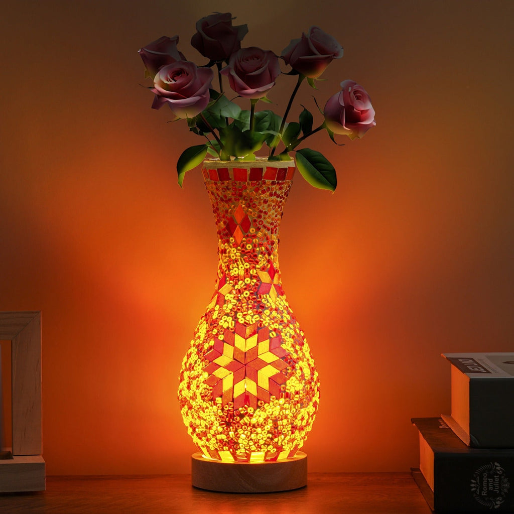 Mosaic Vase Lamp Turkish Moroccan Handmade Colorful Glass Table Lamp with Wooden Base ¨C USB Plug-In Boho Night Light, Flower Vase Lamp for Bedroom Living Room Decor, Bohemian Mosaic Desk Lamp Gift