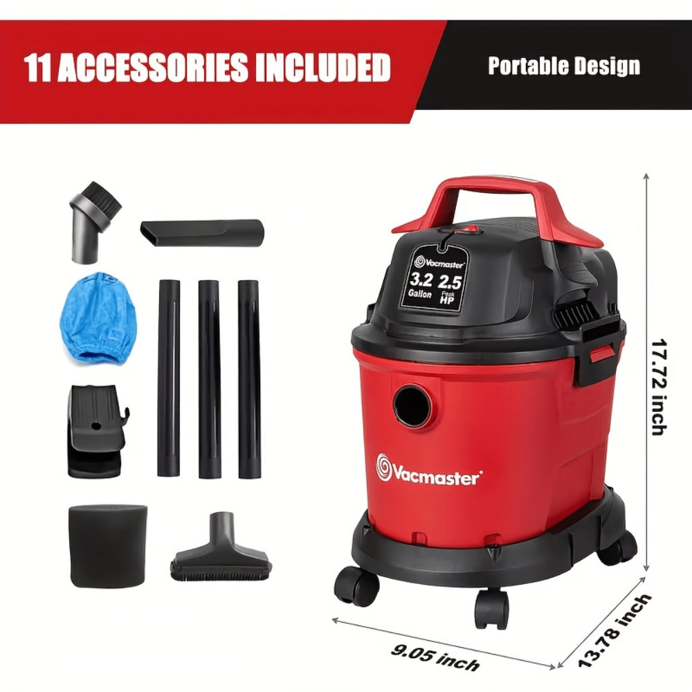 Wall Mount Wet Dry Vacuum 3.2 Gallon 2.5 Peak HP, Space-Saving Shop Vac with Cloth Filter for Wet Spills & Dry Debris, Garage Workshop & Home Cleaning Vacuum