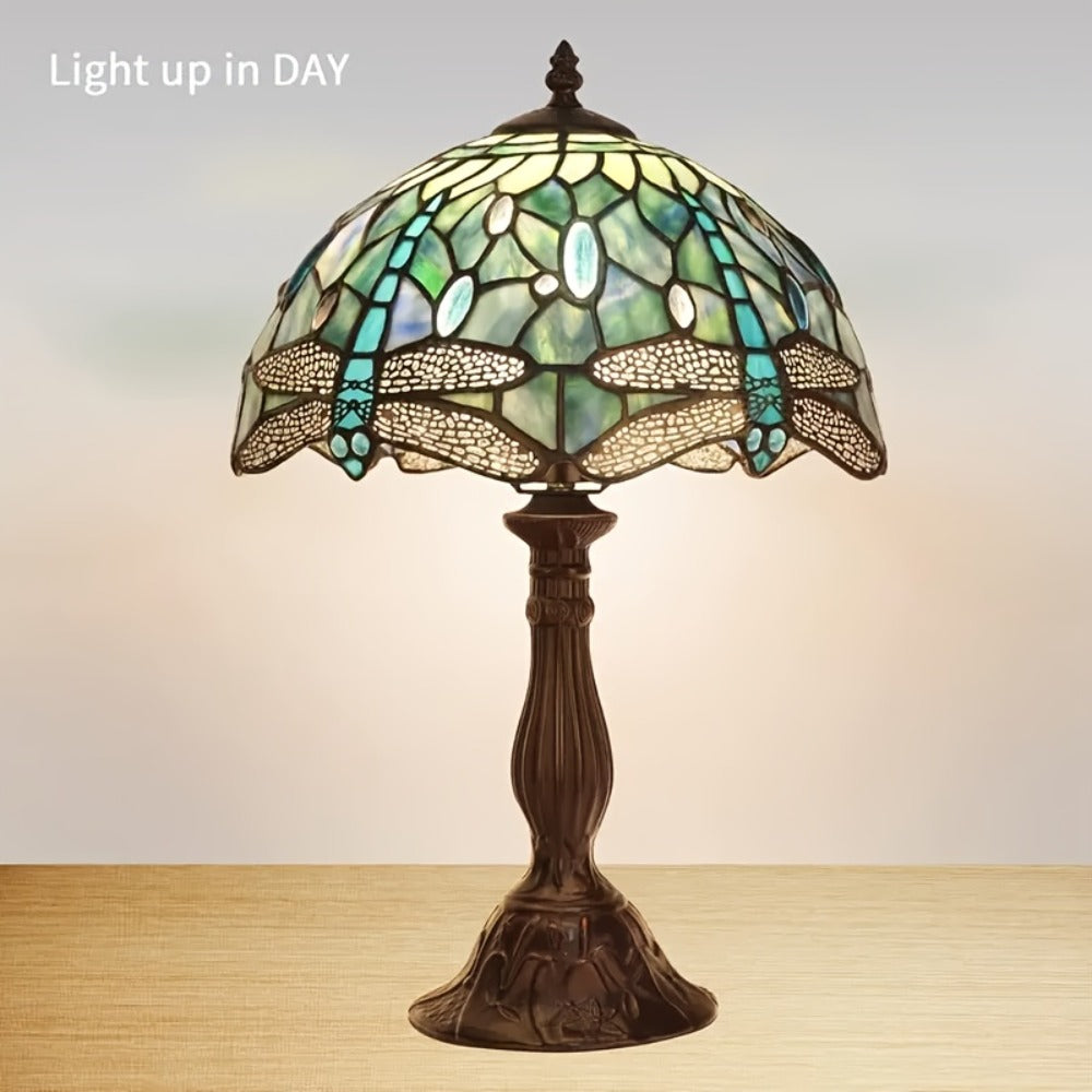 Stained Glass Table Lamp Dragonfly Design - Tiffany Style Bedside Lamp with Colorful Art Glass Shade, 18-Inch LED Night Light for Bedroom Nightstand Living Room Reading Desk Home Decor