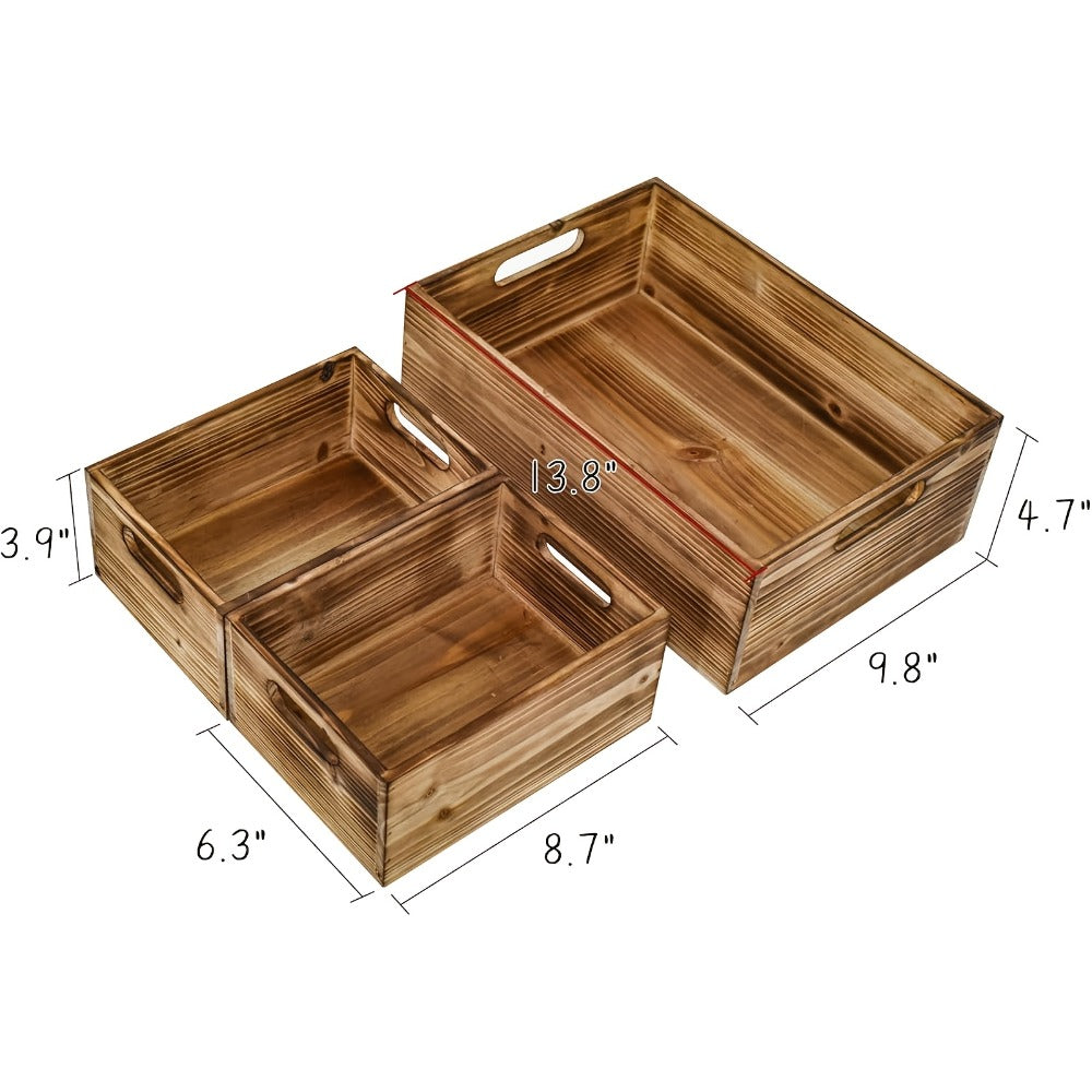 Wooden Crates with Handles Set of 3 ¨C Rustic Farmhouse Storage Boxes for Pantry, Shelf, Closet, Arts & Crafts, Home Organizer Decorative Wood Crate Display Boxes Brown
