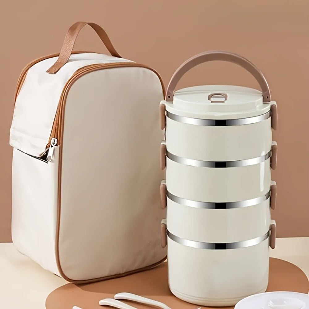 4 Layer Stainless Steel Lunch Box with Lid - Large Capacity Stackable Bento Box Set with Carry Bag and Cutlery for Camping Picnic School Office and Outdoor Adventures, Portable Reusable Food Storage Container