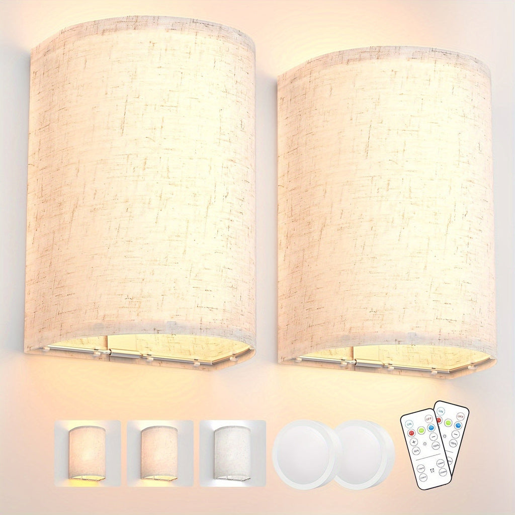 Rechargeable Wall Sconce Set of 2 ¨C Wireless Fabric Shade Wall Light with Remote Control, Magnetic Puck Light, Dimmable CCT or RGB Color, No Wiring for Bedroom Living Room Hallway Decor