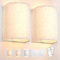 Rechargeable Wall Sconce Set of 2 ¨C Wireless Fabric Shade Wall Light with Remote Control, Magnetic Puck Light, Dimmable CCT or RGB Color, No Wiring for Bedroom Living Room Hallway Decor