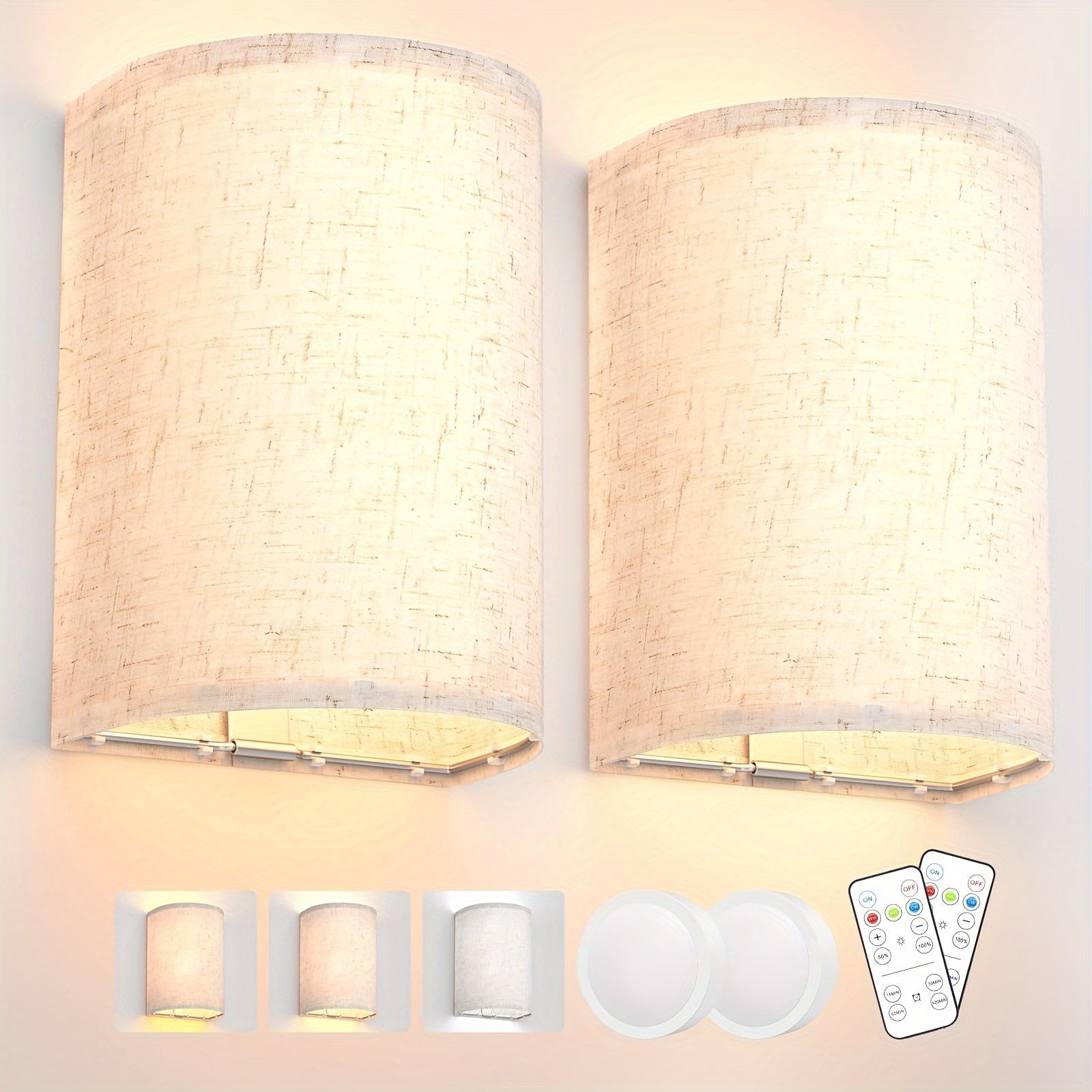 Rechargeable Wall Sconce Set of 2 ¨C Wireless Fabric Shade Wall Light with Remote Control, Magnetic Puck Light, Dimmable CCT or RGB Color, No Wiring for Bedroom Living Room Hallway Decor