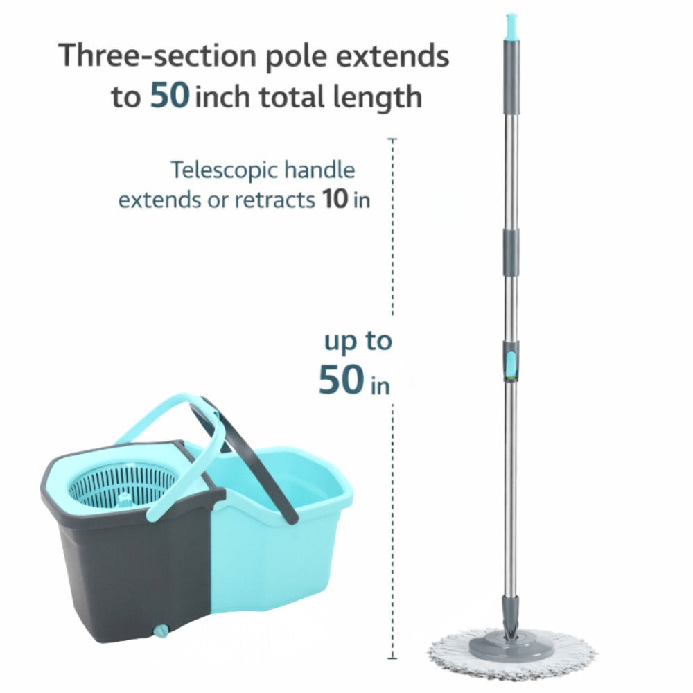 360 Spin Mop and Bucket Set with Wringer - Stainless Steel Extended Handle Spinning Mop Bucket System with Microfiber Mop Refills for Hardwood, Tile & Laminate Floor Cleaning, Black Blue Pink Red
