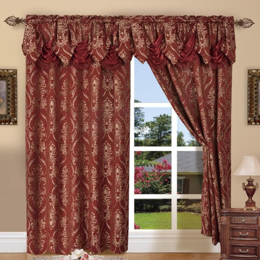 Jacquard Curtain Panels 2-Piece Set 54x84 Inch with Attached Waterfall Valance - Rod Pocket Room Darkening Luxury Window Curtains, Machine Washable, 9 Colors for Living Room Bedroom & Home Office