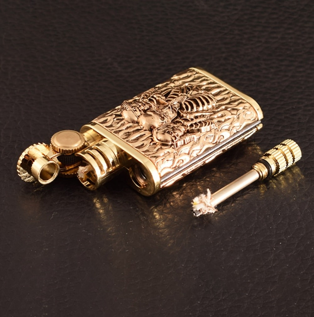 Kerosene Lighter 2-in-1 Permanent Match Flint Wheel Refillable ¨C Golden Windproof Pocket Lighter with Built-In Match Strike, Unique Gift for Men, Father¡¯s Day & Outdoor Use