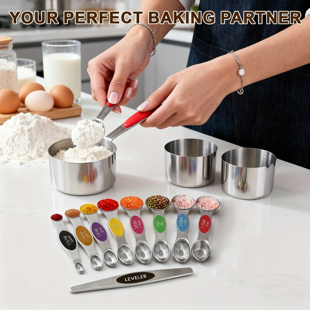 Stainless Steel Measuring Cups and Spoons Set 17 Piece - 8 Measuring Cups, 8 Double-Sided Spoons & 1 Leveler for Baking, Cooking & Kitchen Use, Perfect Holiday Gift