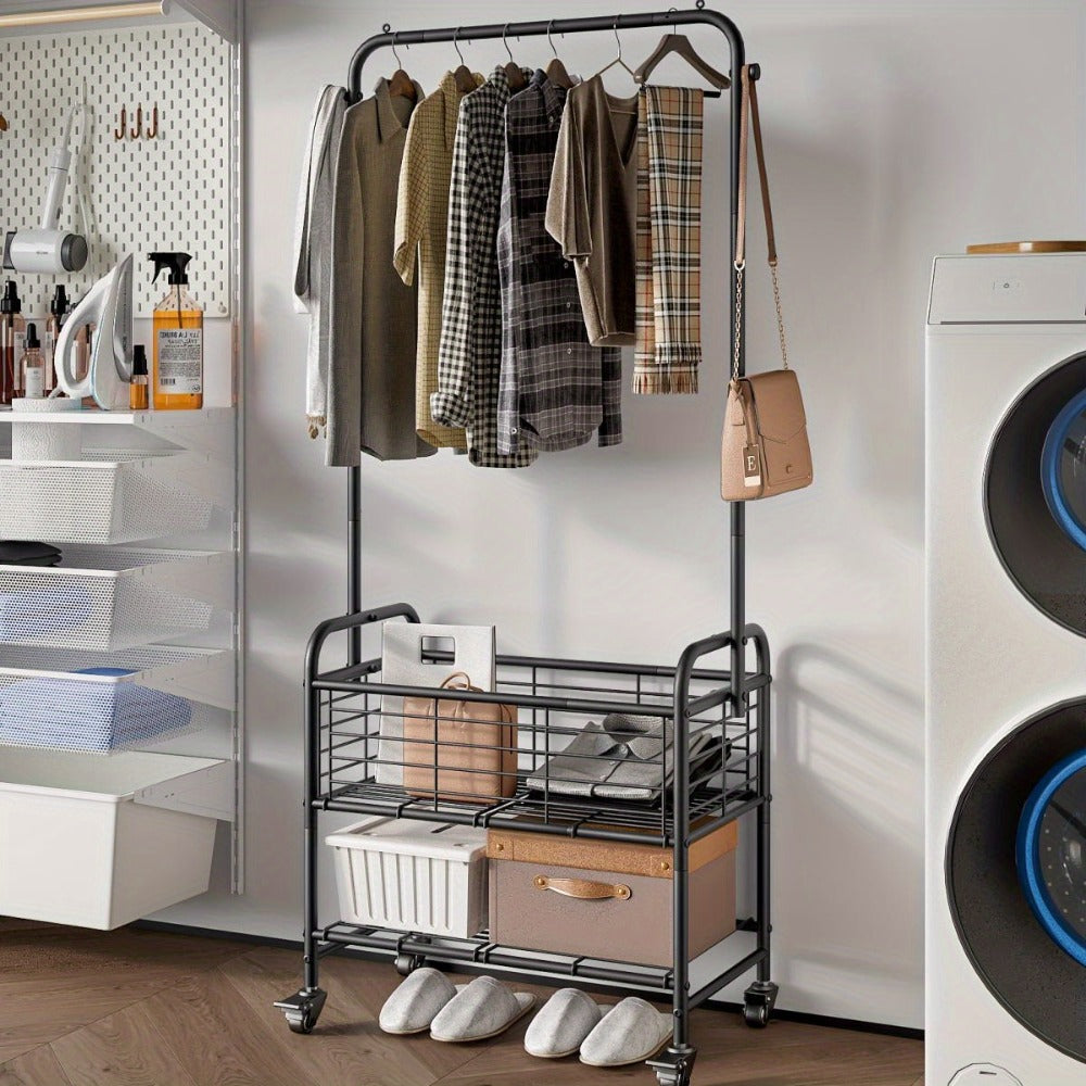 Rolling Laundry Basket with Wheels and Hanging Rack, Laundry Sorter Cart with Shelf and Locking Casters, Heavy Duty Steel Frame, Multifunctional Clothes Hamper for Laundry Room Bedroom Bathroom, White Black Silver