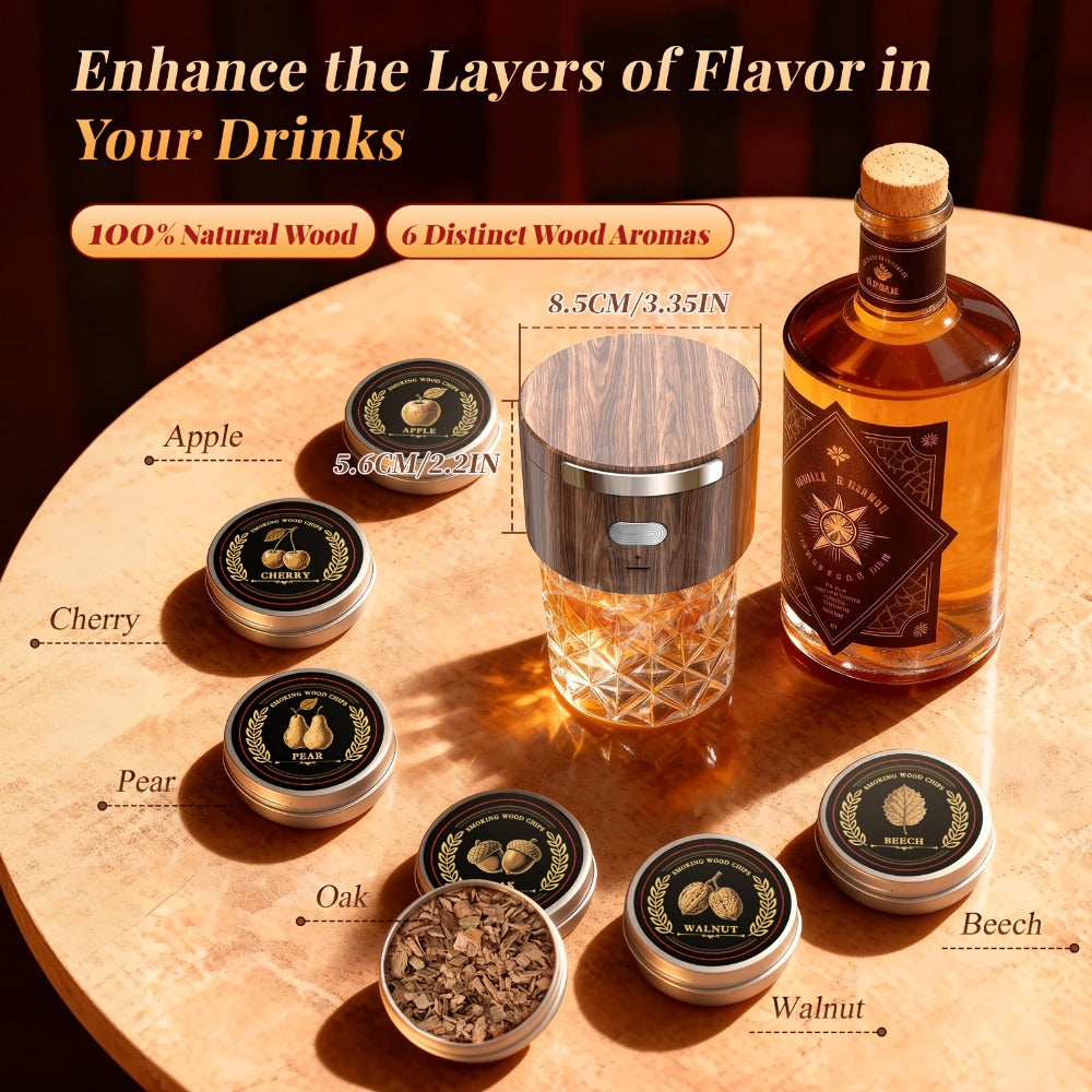 Electric Cocktail Smoker Kit with 6 Wood Chips ¨C Flame-Free USB Rechargeable Whiskey Smoker for Tumblers & Wine Glasses, Gift for Men Dad Husband