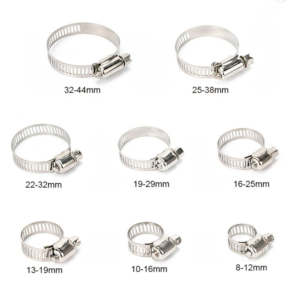 Stainless Steel Hose Clamps 100-Pack Assortment Kit - Multiple Universal Sizes Adjustable Hose Clips for Fuel Line Plumbing Automotive Garden Marine HVAC, Heavy Duty with Storage Case, Silver