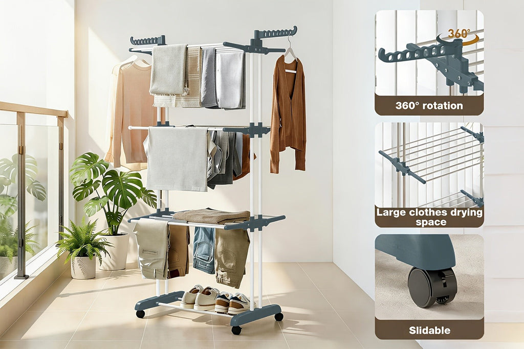 Clothes Drying Rack 4-Tier Foldable Metal Laundry Rack with Rolling Casters, Holds 30+ Garments, Adjustable Shelf Heights, Freestanding Collapsible Clothes Dryer Stand for Bedroom Bathroom Nursery Small Spaces