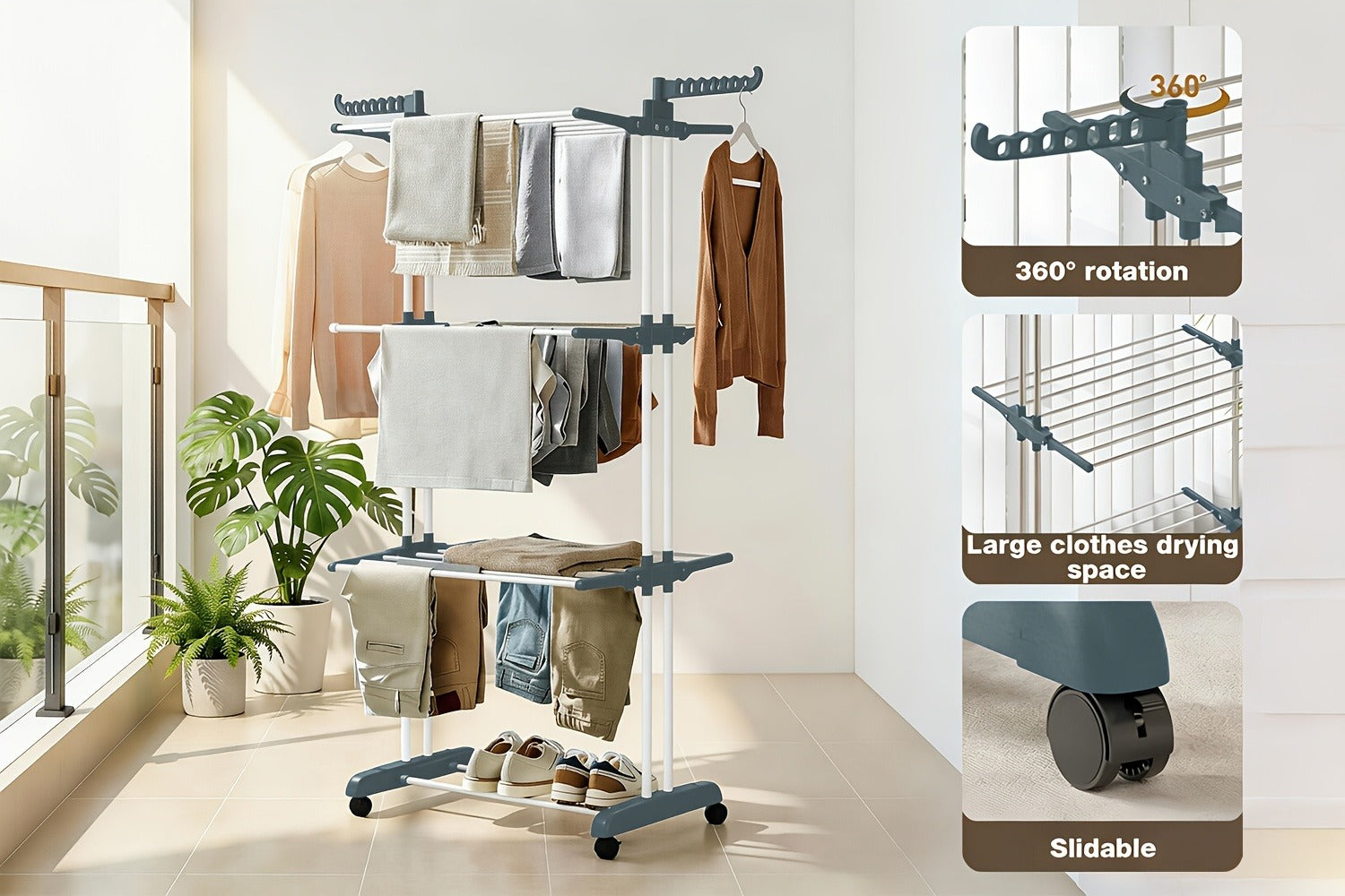 Clothes Drying Rack 4-Tier Foldable Metal Laundry Rack with Rolling Casters, Holds 30+ Garments, Adjustable Shelf Heights, Freestanding Collapsible Clothes Dryer Stand for Bedroom Bathroom Nursery Small Spaces