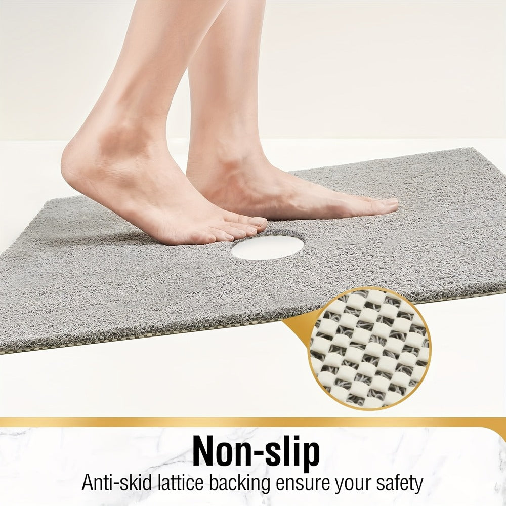 Non-Slip Shower Mat PVC Loofah Bath Mat with Drain Holes ¨C Quick-Dry Square Bathtub Floor Mat, No Suction Cups Needed, Soft Cushioned, 24x24 Inch, Grey/White/Beige