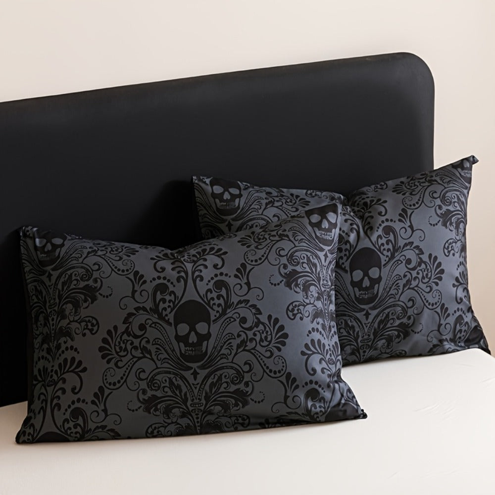 Skull Quilt Set 3pcs Gothic Victorian Comforter with 2 Pillowcases | Black Gray Digital Print Bedding Twin Full Queen King