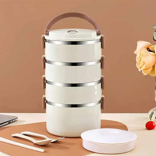 4 Layer Stainless Steel Lunch Box with Lid - Large Capacity Stackable Bento Box Set with Carry Bag and Cutlery for Camping Picnic School Office and Outdoor Adventures, Portable Reusable Food Storage Container