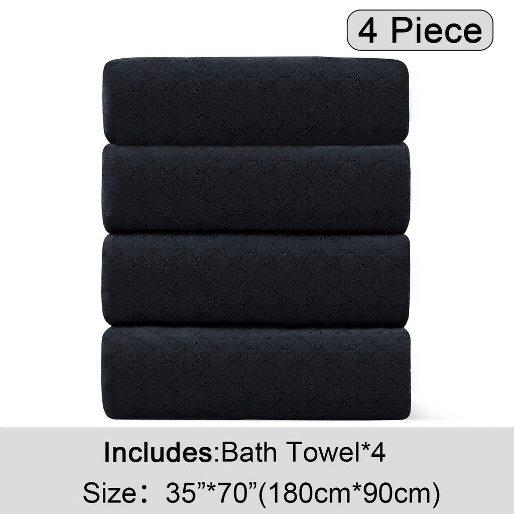 Oversized Bath Towel Set 4 Piece Diamond Pattern Microfiber - Ultra Soft Highly Absorbent Quick Dry | 10 Colors | Blue Green Black Gray Navy Orchid Brown Purple White Turquoise | Bathroom Hotel Gym Gift