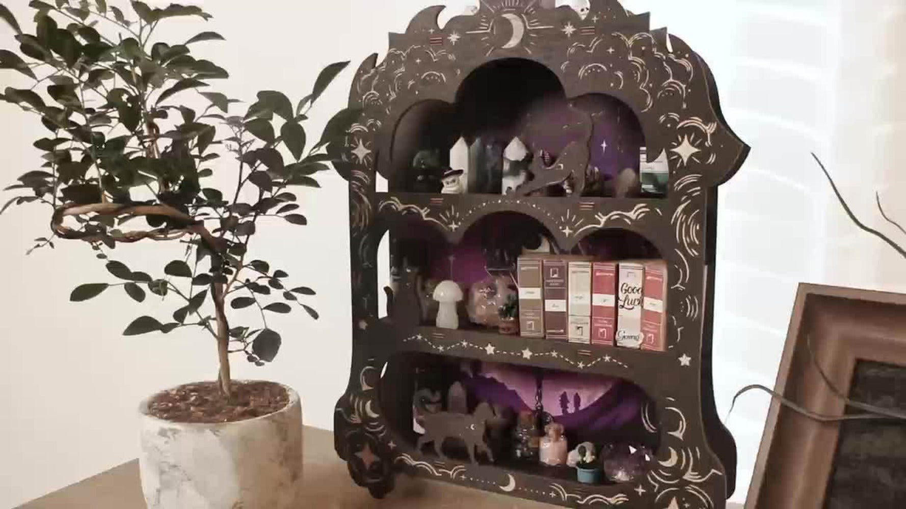 Wooden Floating Shelf for Crystals - Wall Mounted Crystal Display Shelf Rock Gem Stone Storage Organizer Essential Oil Holder Wicca Meditation Spiritual Home Decor Gift