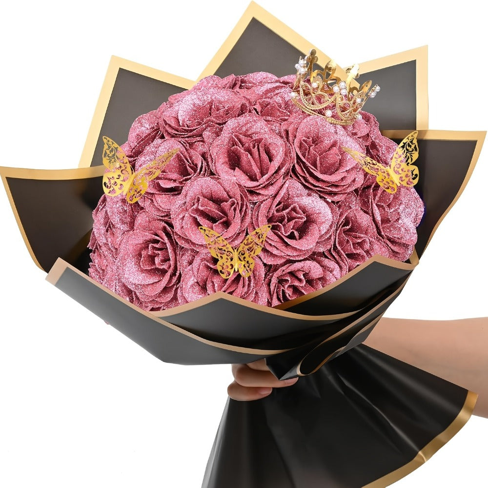 Glitter Roses Bouquet 24/36pcs - Everlasting Artificial Roses with Sparkling Glitter Petals for Valentine's Day, Wedding & Anniversary
