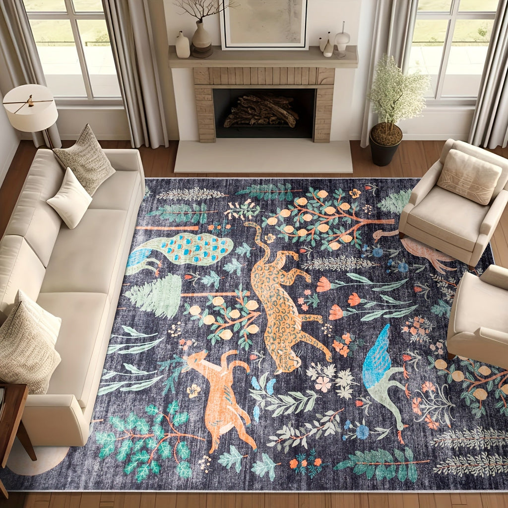 Animal Print Area Rug Jungle Tiger Non-Slip Soft Thin Colored Rug for Living Room Bedroom Playroom Daycare - Black Green Pink 5x7 6x9 8x10 9x12 ft Indoor Floor Carpet