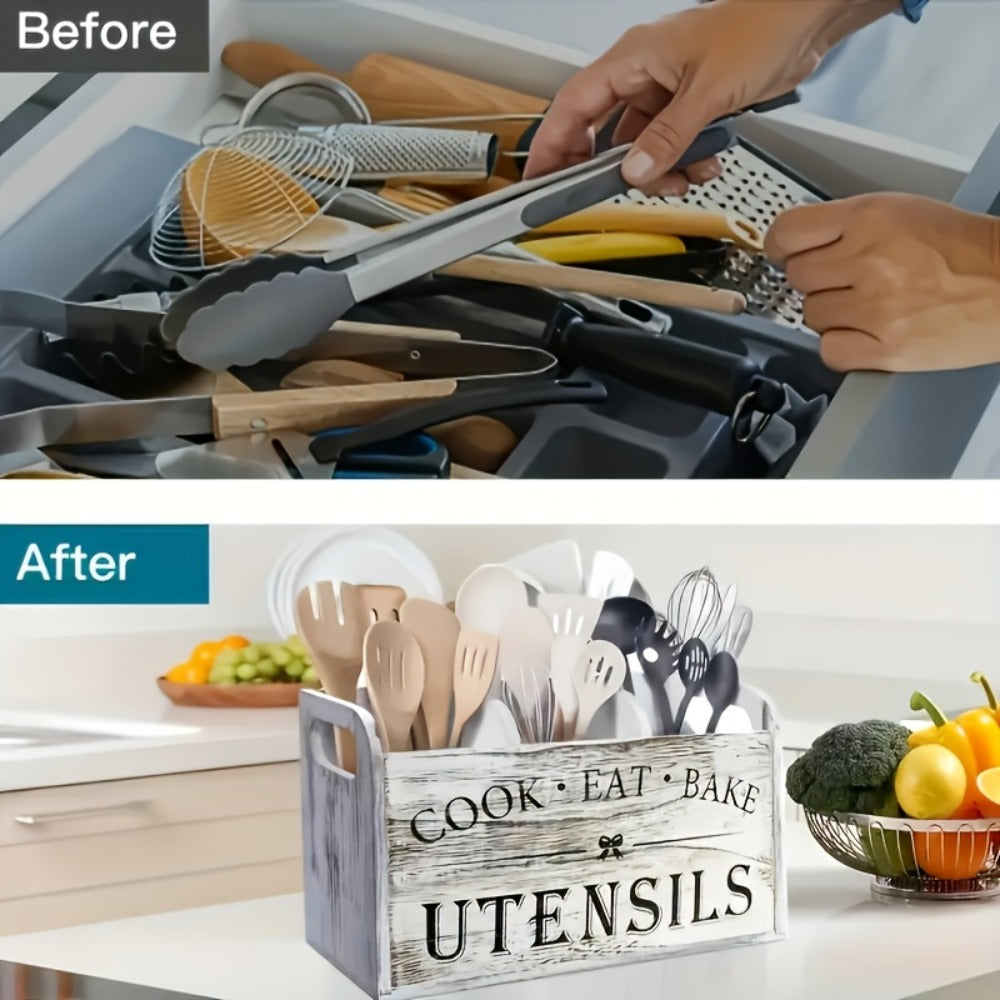 Kitchen Utensil Organizer - Extra Large Rustic Wooden Utensil Holder with 3 Compartments, Countertop & Wall Mounted Storage Rack for Cooking Baking Tools, Heavy Duty Natural Wood Kitchen Caddy