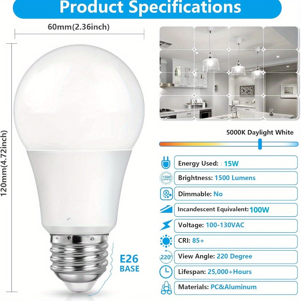 A19 LED Light Bulbs 100W Equivalent, 5000K Daylight White, E26 Base, Non-Dimmable, No Flicker, 1500LM Super Bright ¨C 4/12/24 Pack Bulk LED Bulbs for Home Office Bedroom Living Room