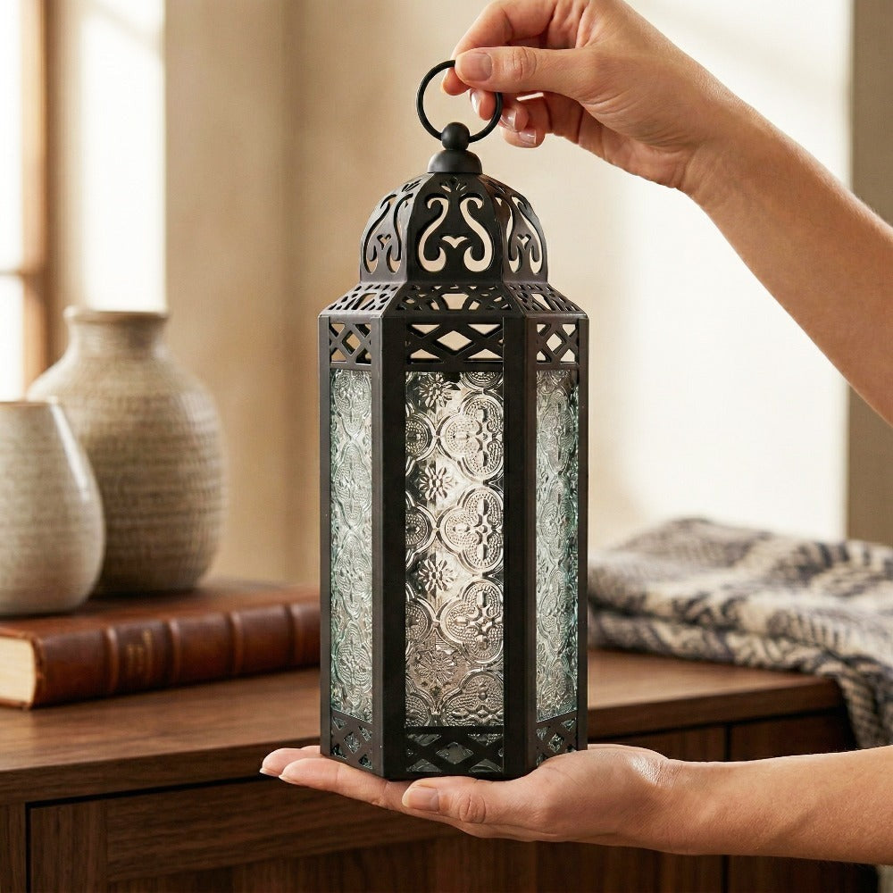Moroccan Candle Lantern Holder - Decorative Metal & Glass Lantern with Embossed Floral Design for Indoor Home Decor, Garden, Patio, Weddings, Ramadan, Halloween & Holiday Celebrations - 10.5¡± Tall Medium Size