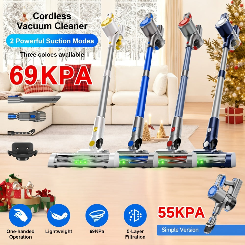 Anti-Tangle LED Vacuum Cleaner 55-69Kpa Corded & Cordless with Green LED Brush, Removable Battery & Multiple Suction Levels - Up to 45 Min Runtime for Carpets, Pet Hair & Hardwood Floors, 7 Colors