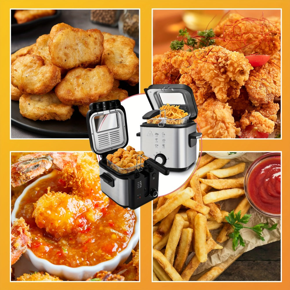 Electric Deep Fryer Stainless Steel Basket 1.5L to 6L ¨C Adjustable Temperature Foldable Handle Transparent Window Anti-Splash Lid | Dishwasher Safe Easy Clean | Home Family Dinner Party Kitchen